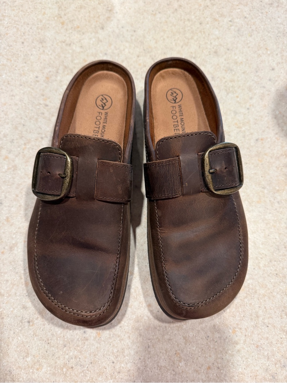 White Mountain Dark Brown Leather Slip-On Mule with Buckle Accent